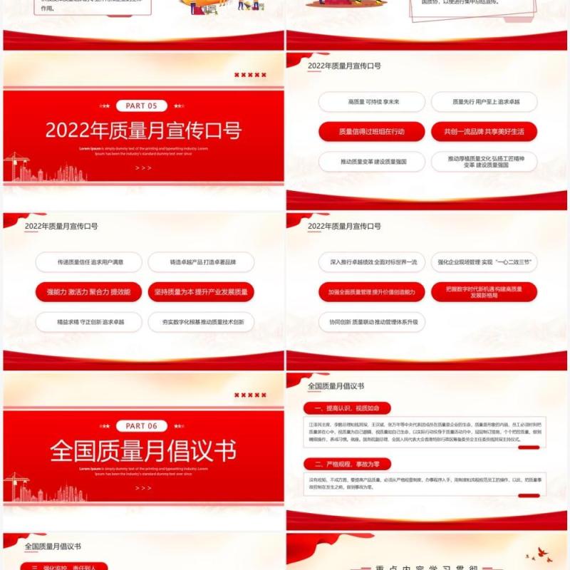 红色简约风学习贯彻2022年全国质量月PPT模板