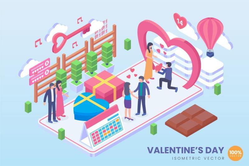 情人节2.5D等距插画AI矢量人物情侣求婚素材isometric valentines day vector concept