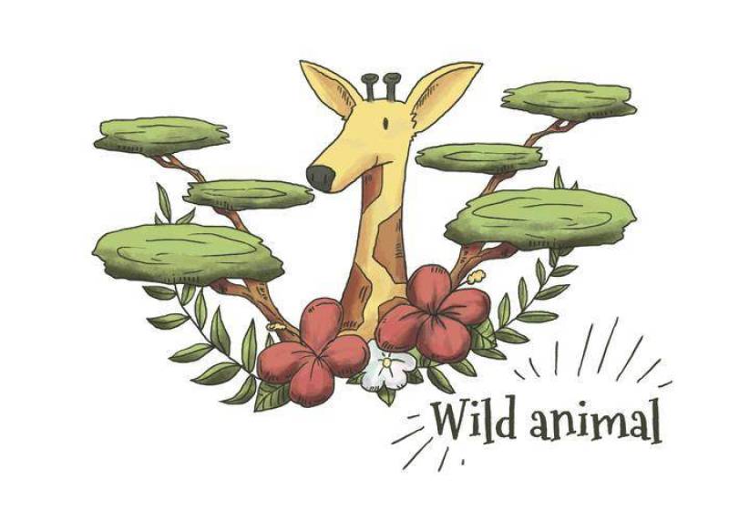 可爱的水彩长颈鹿叶，植物和花朵