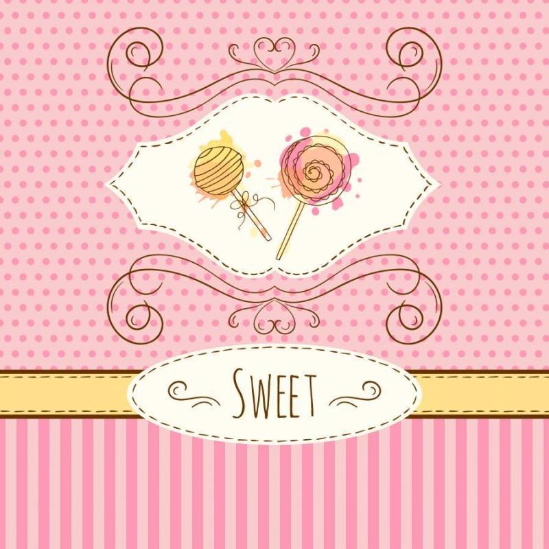 棒棒糖插图。矢量手绘卡与水彩溅。甜波尔卡圆点和条纹设计。邀请卡。