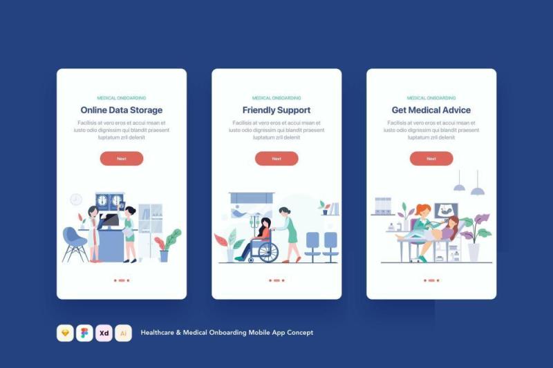 医疗保健和医疗登录页模板概念EPS矢量素材插画手机APPHealthcare & Medical Onboarding Mobile App Concept
