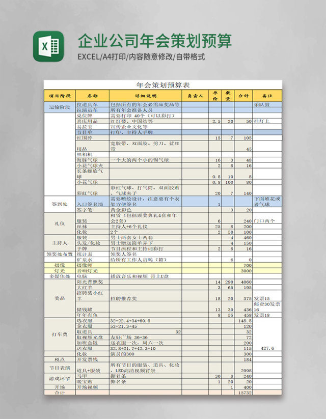 企业公司年会策划预算excel表格模板