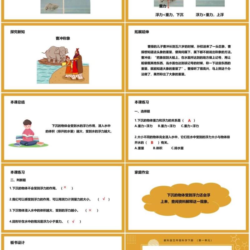 教科版五年级科学下册下沉的物体会受到水的浮力吗课件PPT模板