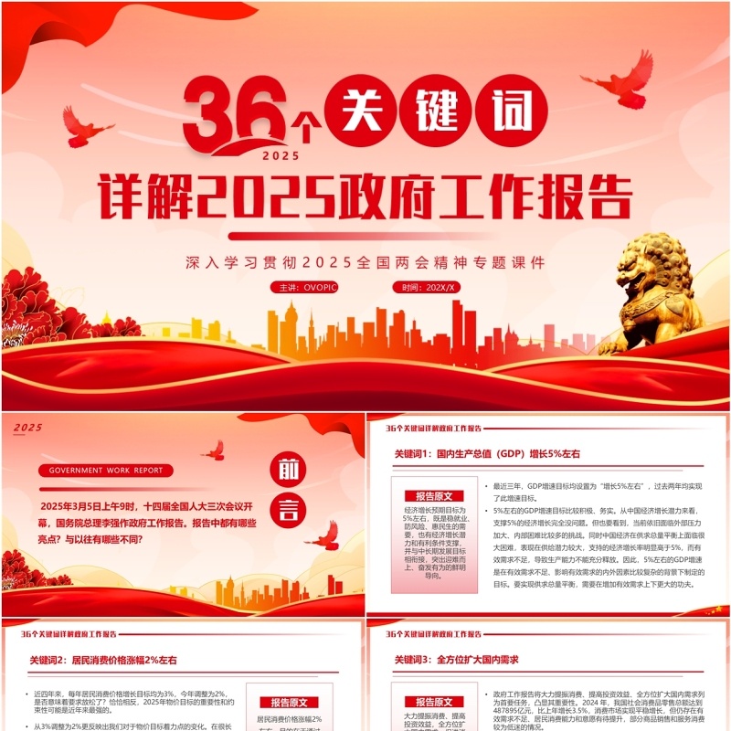红色简约风2025政府工作报告关键词详解PPT模板