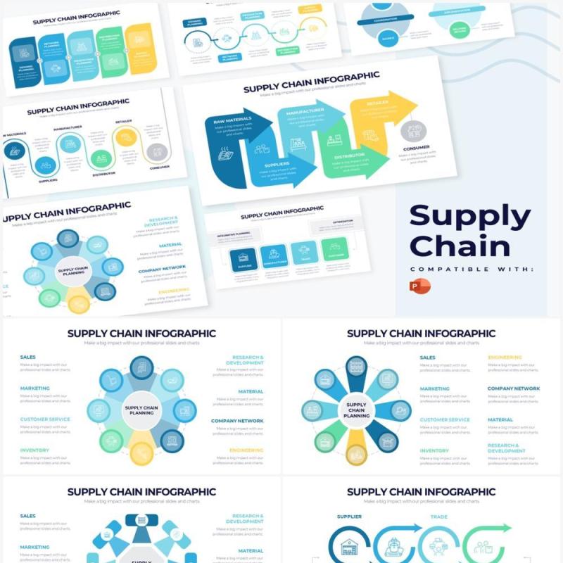 蓝绿色供应链结构图流程图PPT信息图形素材Supply Chain Powerpoint Infographics