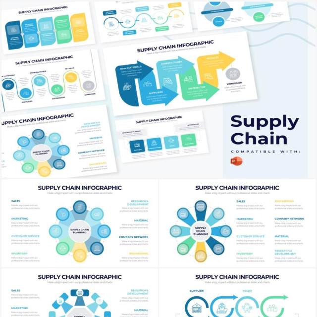 蓝绿色供应链结构图流程图PPT信息图形素材Supply Chain Powerpoint Infographics 蓝绿色供应链结构图流程图PPT信息图形素材Supply Chain Powerpoint Infographics