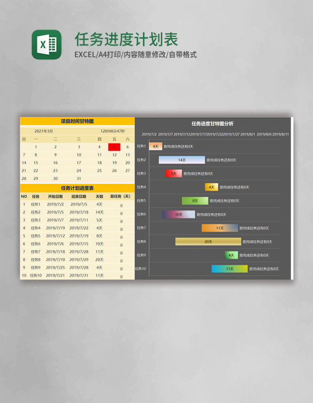 任务进度计划表甘特图Excel模板