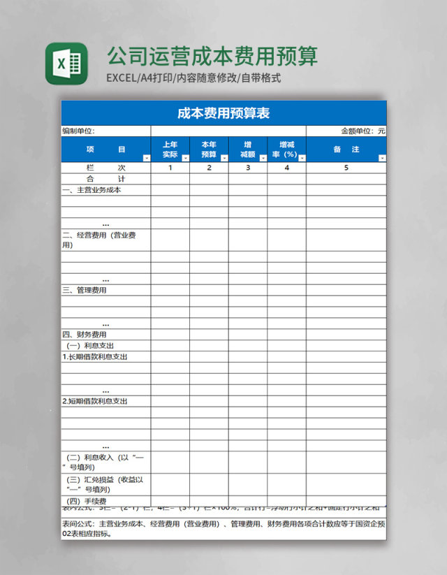 公司运营成本费用预算表excel表格 公司运营成本费用预算表excel表格