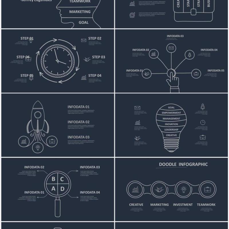 深色背景黑白涂鸦目录信息图表图形PPT元素素材Doodle v2