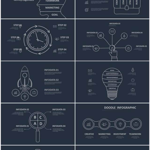 深色背景黑白涂鸦目录信息图表图形PPT元素素材Doodle v2