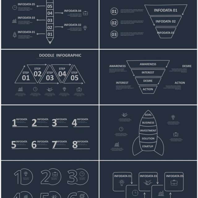深色背景黑白涂鸦目录信息图表图形PPT元素素材Doodle v2