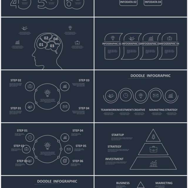 深色背景黑白涂鸦目录信息图表图形PPT元素素材Doodle v2