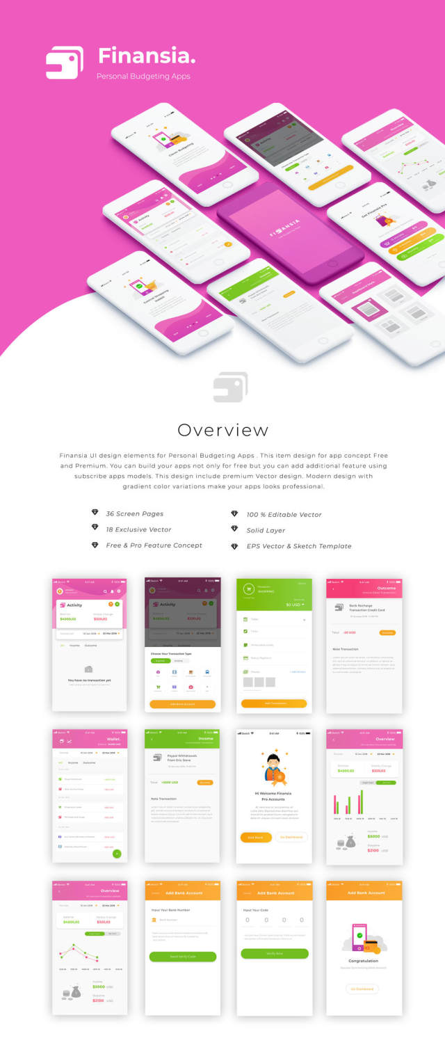 个人预算应用程序的UI设计元素,Finansia Personal Budgeting UI Kit 个人预算应用程序的UI设计元素,Finansia Personal Budgeting UI Kit