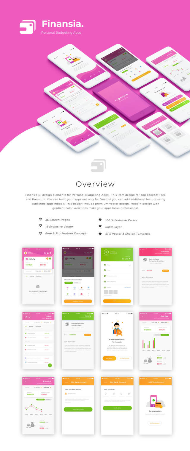 个人预算应用程序的UI设计元素，Finansia Personal Budgeting UI Kit