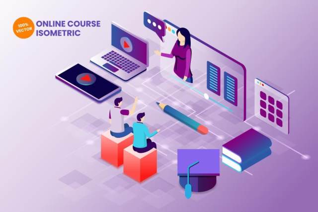 2.5D等距线上教育教学在线课程AI矢量插画素材isometric online course vector illustration