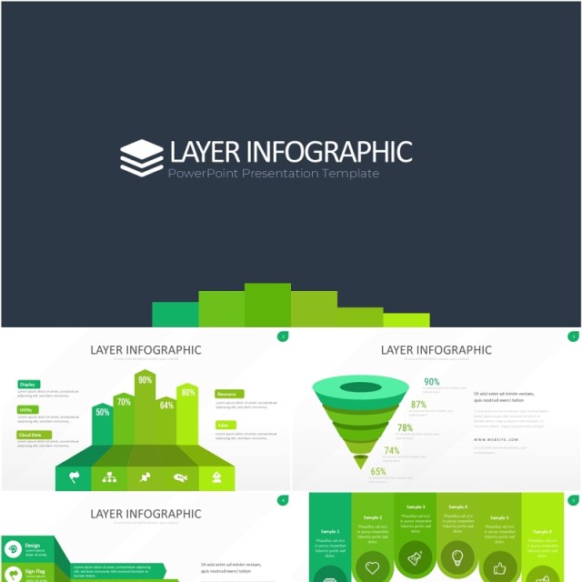 绿色图层结构信息图PPT模板素材Wide Green Light Layer Infographic