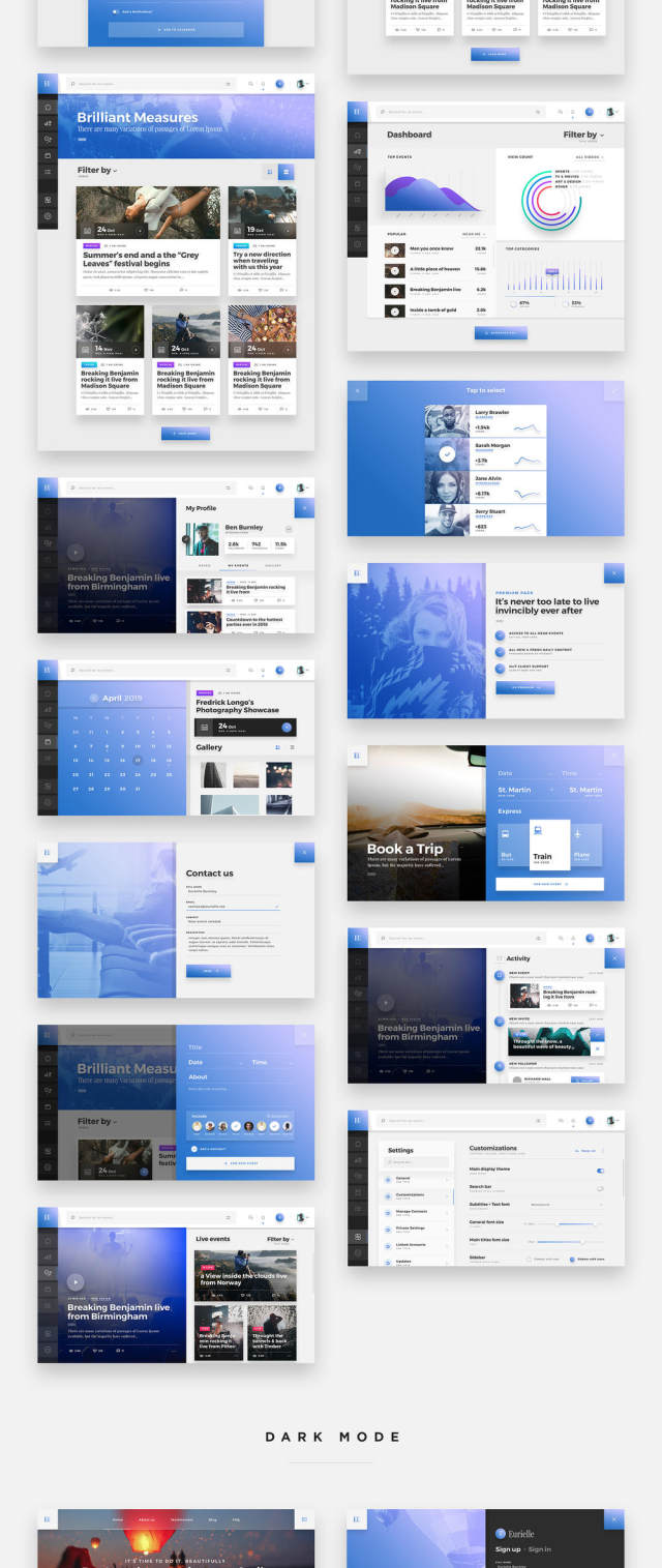 Web事件和博客App UI Kit - 用于Sketch，Photoshop，XD，Eurielle Web App UI Kit