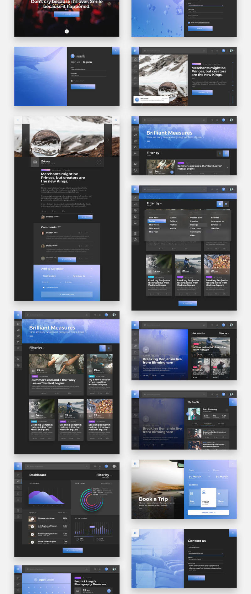 Web事件和博客App UI Kit - 用于Sketch，Photoshop，XD，Eurielle Web App UI Kit