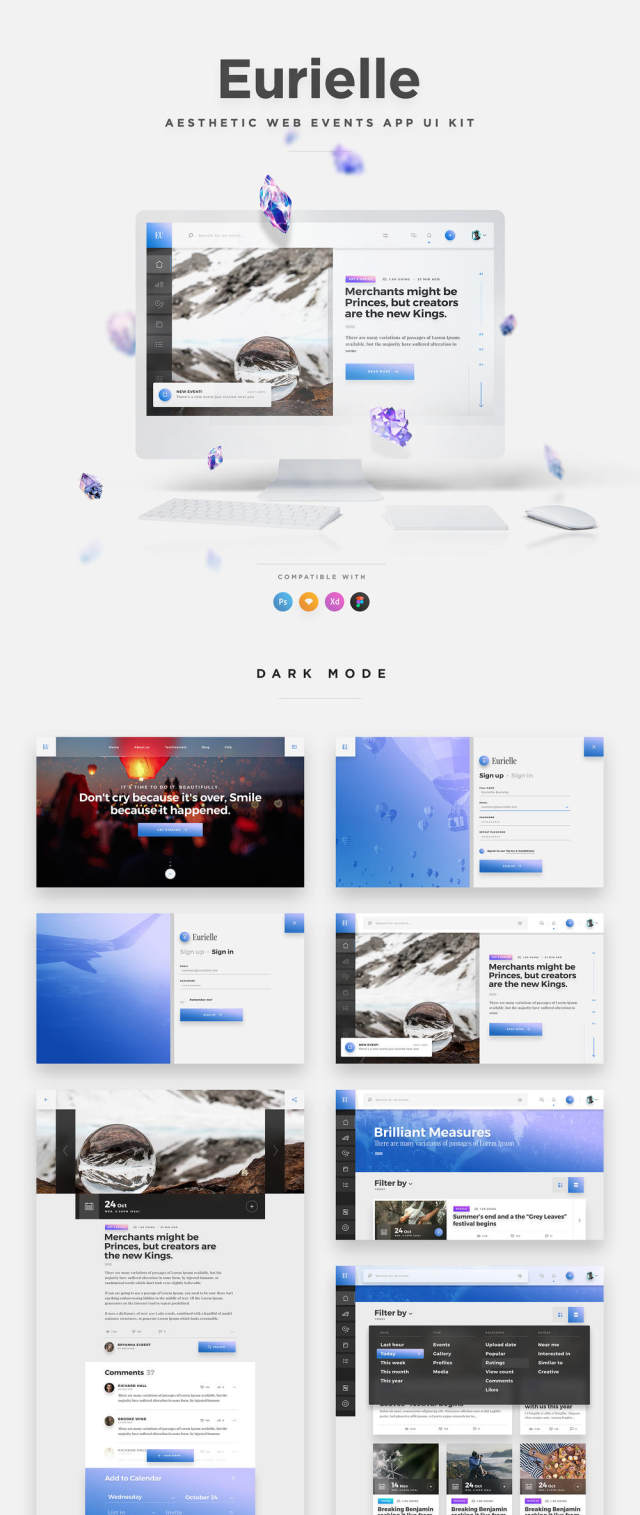 Web事件和博客App UI Kit - 用于Sketch，Photoshop，XD，Eurielle Web App UI Kit