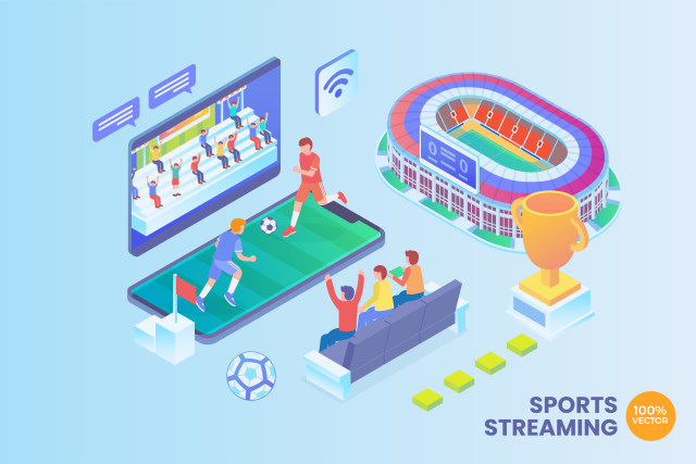 2.5D等距运动数据流矢量插画AI素材概念场景概念Isometric Sports Streaming Vector Concept