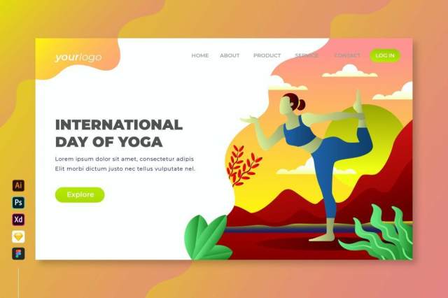 国际瑜伽日矢量登陆页面UI界面插画设计international day of yoga vector landing page