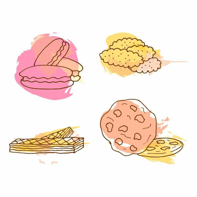 矢量cookie插画。手绘饼干与多彩溅起的一套。