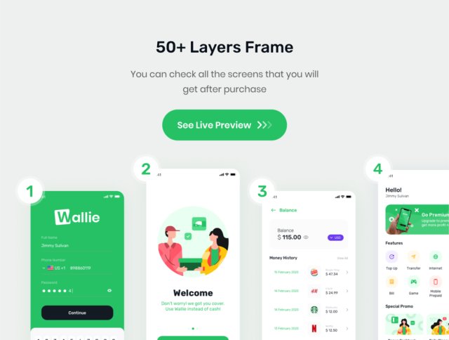 Wallie  - 数字钱包应用程序UI KIT，Wallie  - 数字钱包应用程序UI KIT