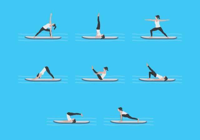 在Paddleboard矢量瑜伽锻炼 在Paddleboard矢量瑜伽锻炼