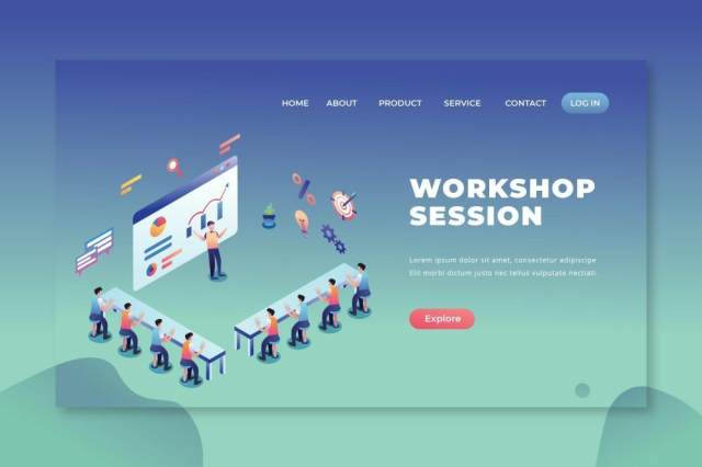 车间会议psd和ai矢量登录页UI界面插画设计workshop session psd and ai vector landing page