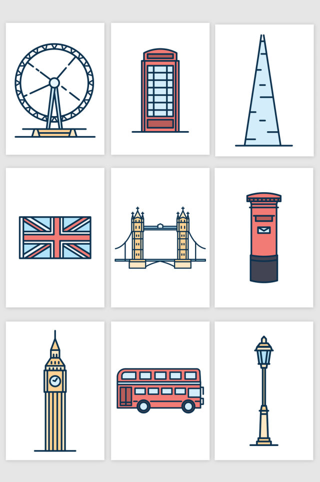 英国象征性建筑物标志特征插画矢量图形 英国象征性建筑物标志特征插画矢量图形
