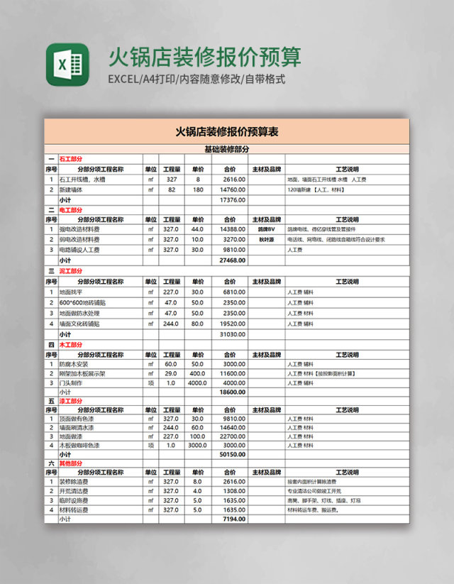 火锅店装修报价预算表Excel模板 火锅店装修报价预算表Excel模板