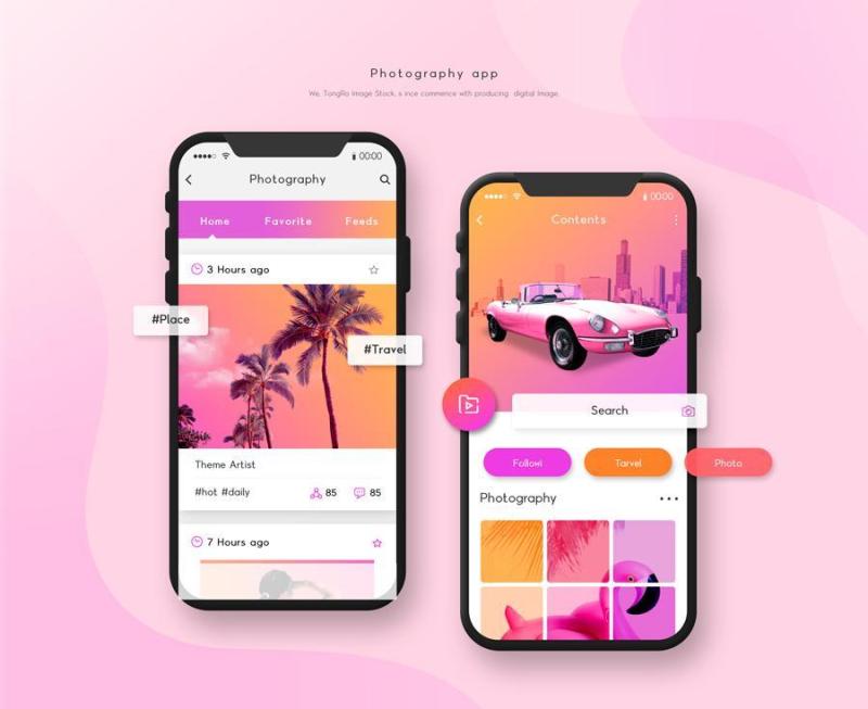 7款时尚购物APP单页风格展示iphone手机样机效果UI界面PSD设计素材图