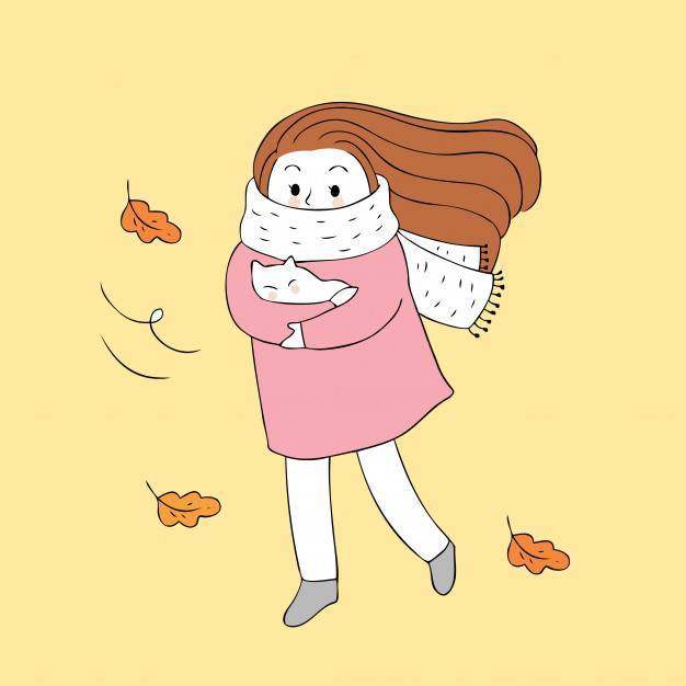 卡通可爱的女人和猫矢量。