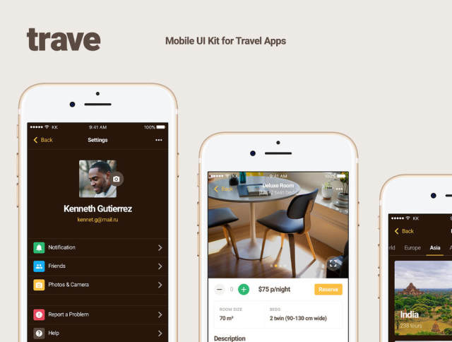 30个旅行应用程序的移动屏幕，Trave UI Kit