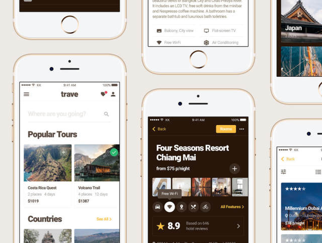 30个旅行应用程序的移动屏幕，Trave UI Kit
