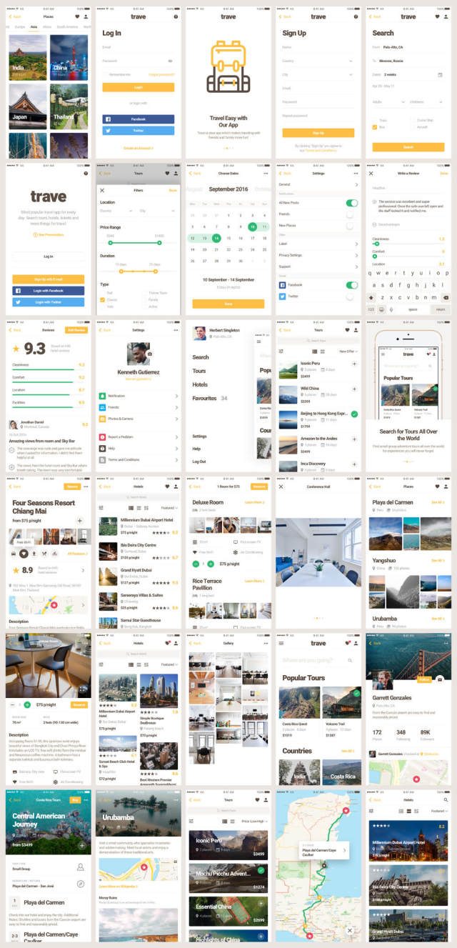 30个旅行应用程序的移动屏幕，Trave UI Kit
