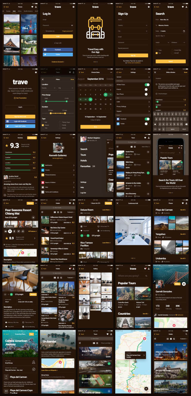 30个旅行应用程序的移动屏幕，Trave UI Kit
