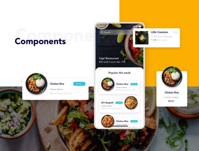 50+移动屏幕食品订购应用UI套件，Foode - 最佳食品订购移动应用程序
