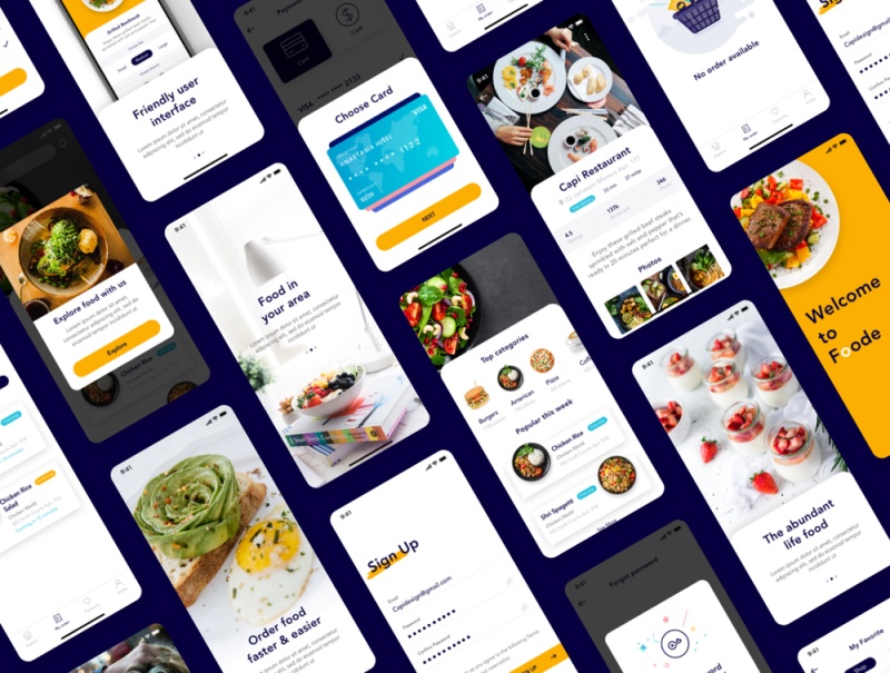 50+移动屏幕食品订购应用UI套件，Foode - 最佳食品订购移动应用程序