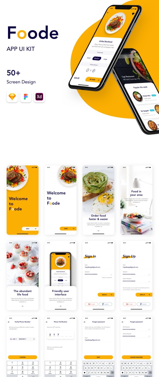 50+移动屏幕食品订购应用UI套件,Foode - 最佳食品订购移动应用程序 50+移动屏幕食品订购应用UI套件,Foode - 最佳食品订购移动应用程序