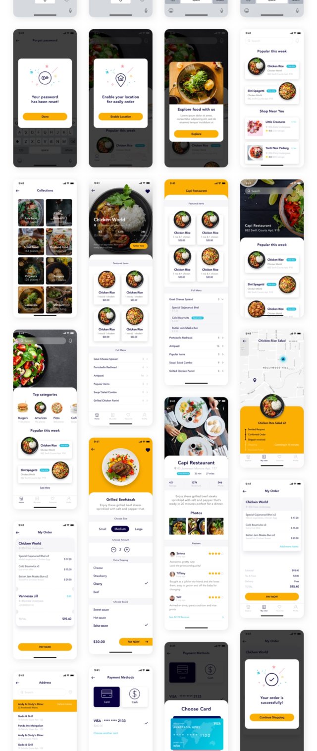 50+移动屏幕食品订购应用UI套件，Foode - 最佳食品订购移动应用程序