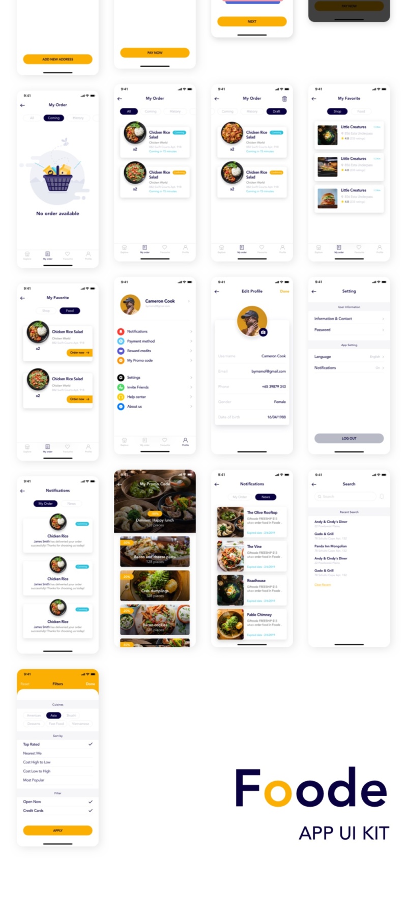 50+移动屏幕食品订购应用UI套件，Foode - 最佳食品订购移动应用程序