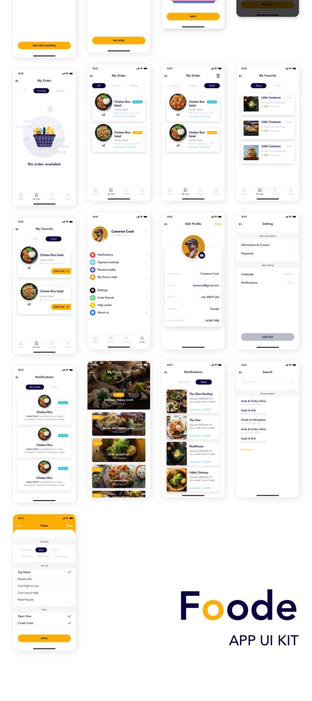 50+移动屏幕食品订购应用UI套件，Foode - 最佳食品订购移动应用程序