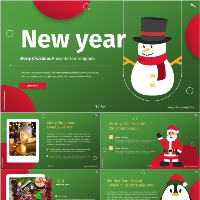 绿色红色插画卡通风圣诞节主题PPT英文模板Christmas Powerpoint Template