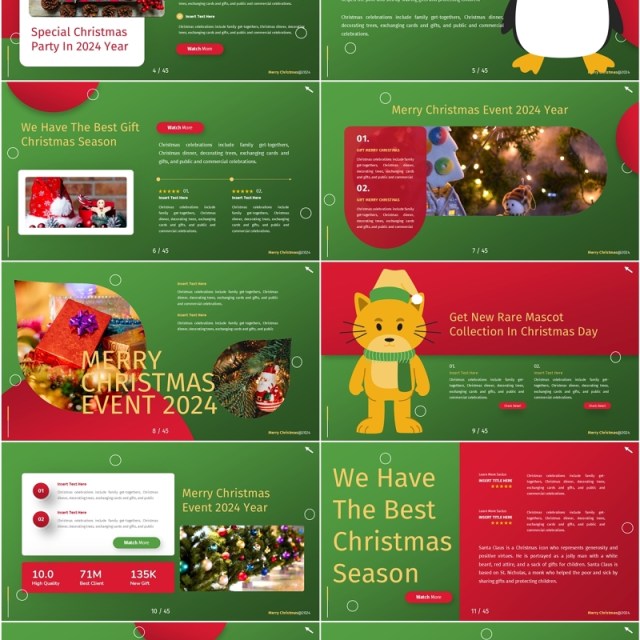 绿色红色插画卡通风圣诞节主题PPT英文模板Christmas Powerpoint Template