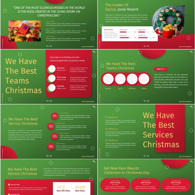 绿色红色插画卡通风圣诞节主题PPT英文模板Christmas Powerpoint Template