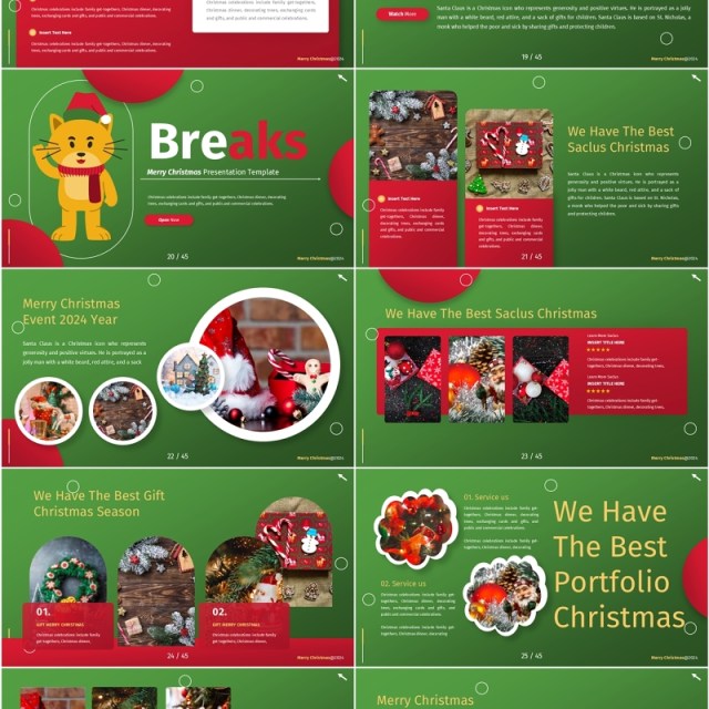 绿色红色插画卡通风圣诞节主题PPT英文模板Christmas Powerpoint Template