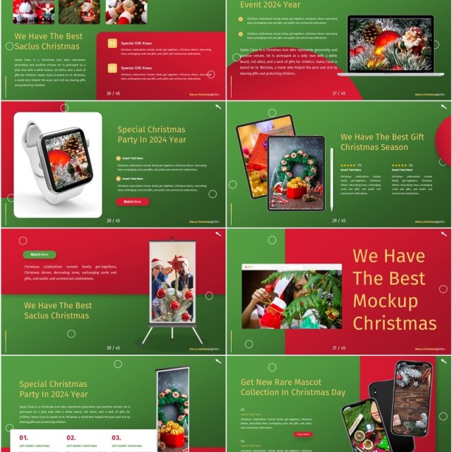 绿色红色插画卡通风圣诞节主题PPT英文模板Christmas Powerpoint Template