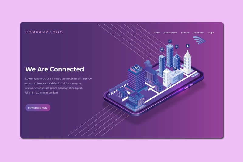 紫色2.5D插画等距登录页创意城市建设展示数字概念WEB网页界面模板设计AI矢量素材Isometric Landing Page