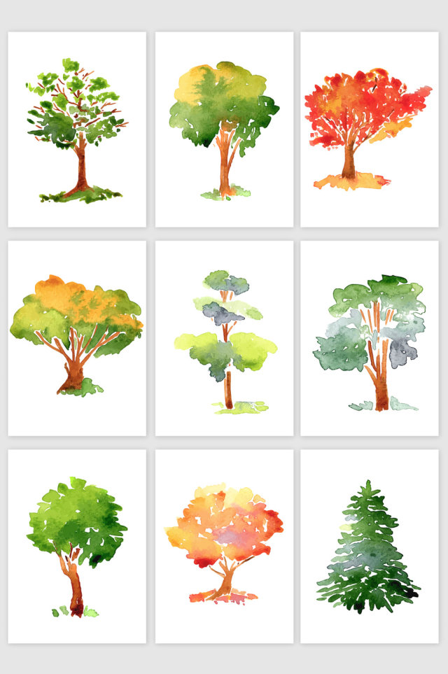 水彩手绘园林植物景观树木元素树叶